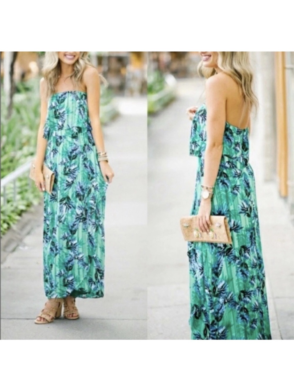 Banana Republic Women's Tropical Print Maxi Dress Vacation Green Blue Size 14